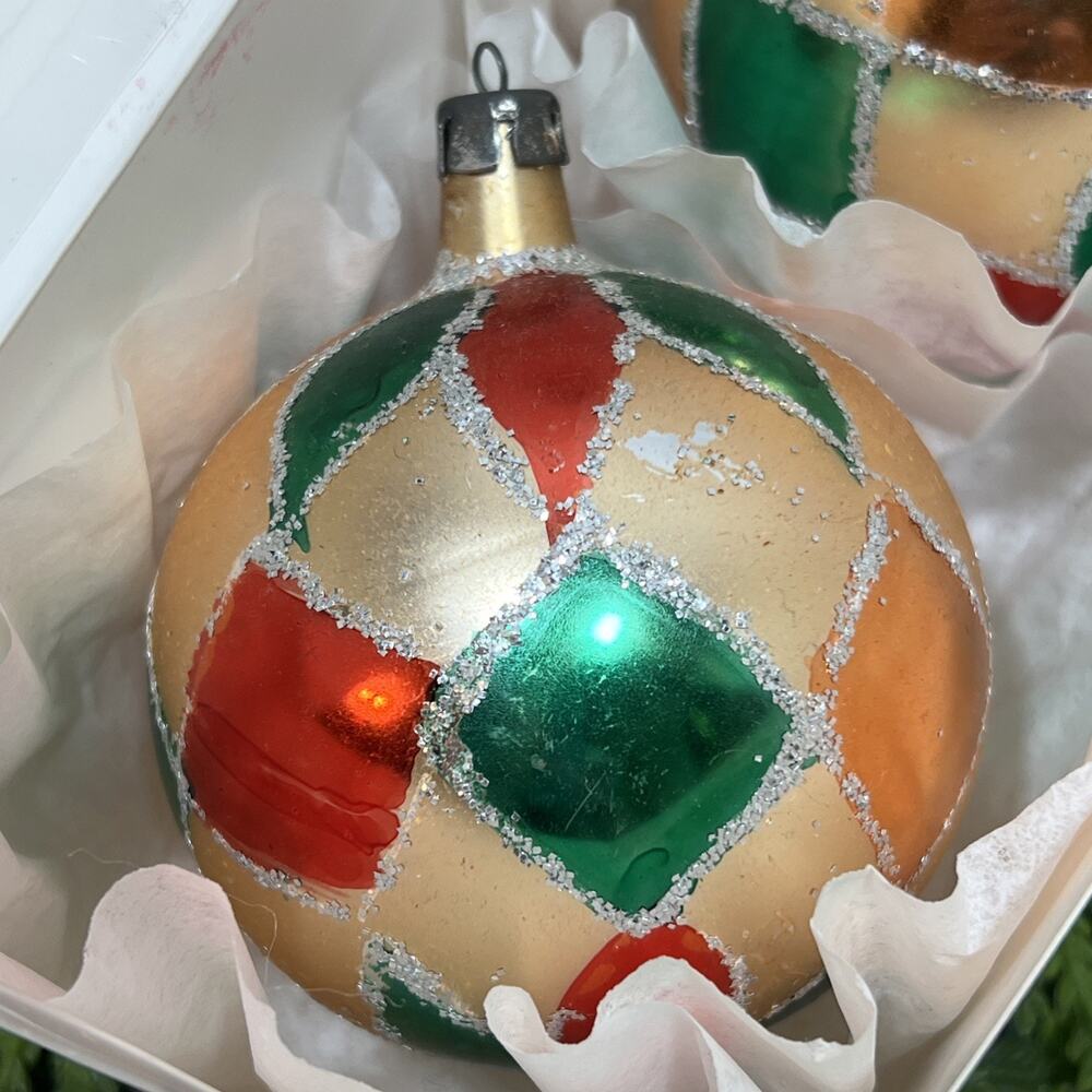 Vintage Christmas Ornaments Mercury Glass Harlequin Pattern 3.25” Set of 2 Ball - Picture 4 of 16